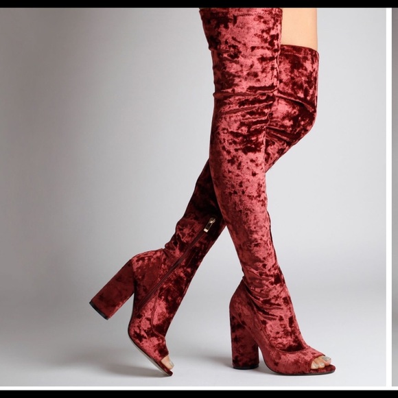 Velvet peep toe over the knee burgundy long boots - Picture 4 of 8